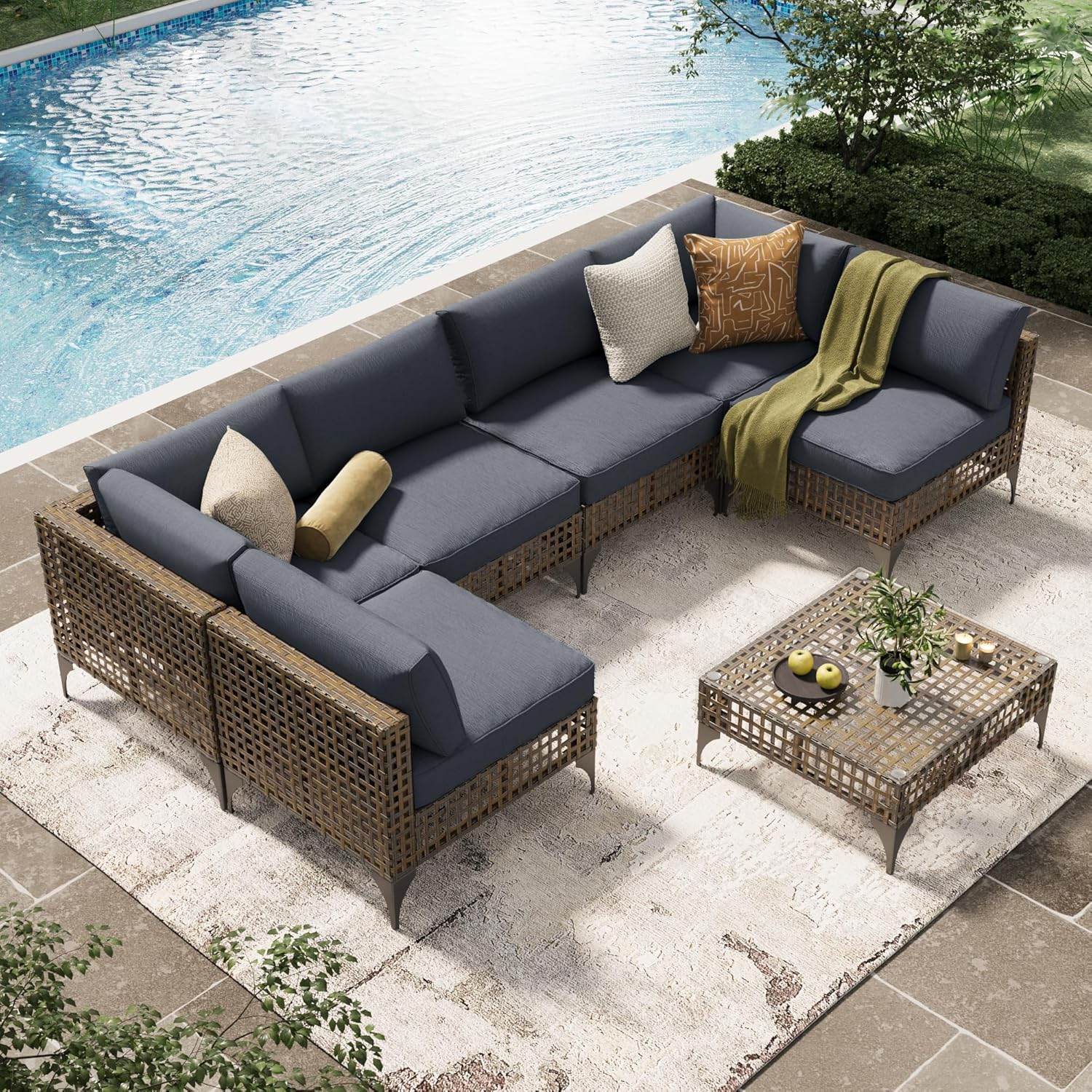 U-MAX 7 Piece Outdoor Patio Furniture Set, PE Rattan Wicker Sofa Set, Outdoor Sectional Furniture Chair Set with Navy Cushions and Tea Table, Black Rattan