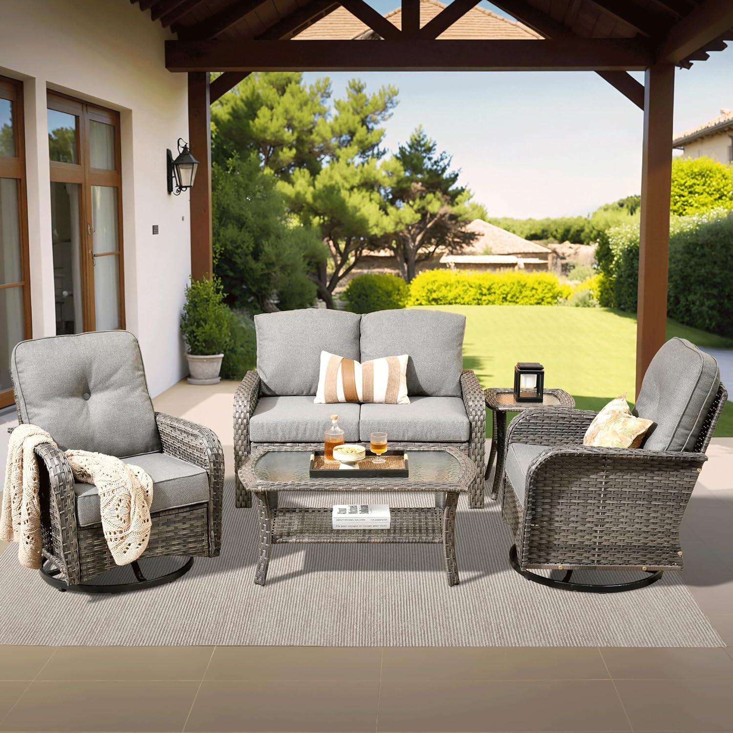 ovios 4 Pieces Patio Furniture Set, Outdoor Wicker Sofa with Coffee Table, Chairs, All Weather High Back Rattan Loveseat Couch with Comfy Cushions, Beige