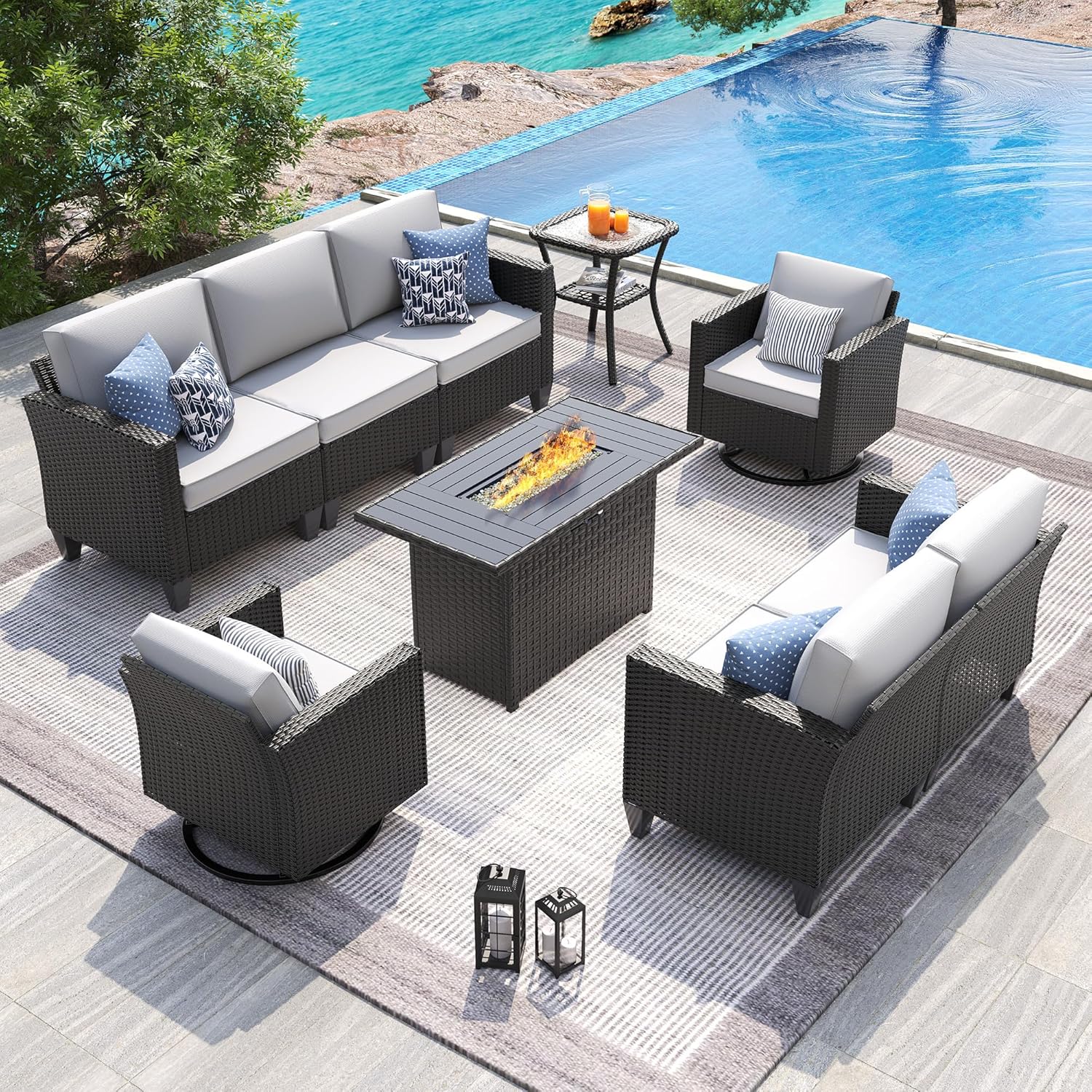 UDPATIO Patio Furniture Set, 5 Pieces Outdoor Conversation Sets with Rocking Swivel Chairs, Wicker Rattan Outdoor Sofa Set with Storage Table and Waterproof Covers for Backyard, Deck, Porch, Khaki