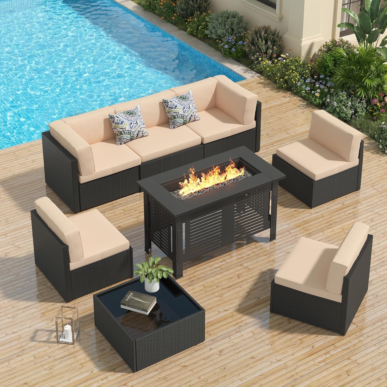 U-MAX 7 Piece Outdoor Patio Furniture Set, PE Rattan Wicker Sofa Set, Outdoor Sectional Furniture Chair Set with Navy Cushions and Tea Table, Black Rattan