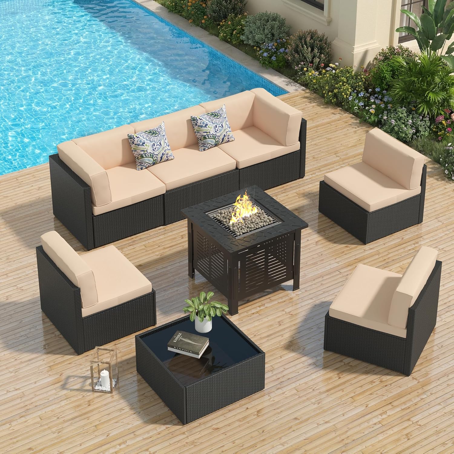 U-MAX 7 Piece Outdoor Patio Furniture Set, PE Rattan Wicker Sofa Set, Outdoor Sectional Furniture Chair Set with Navy Cushions and Tea Table, Black Rattan