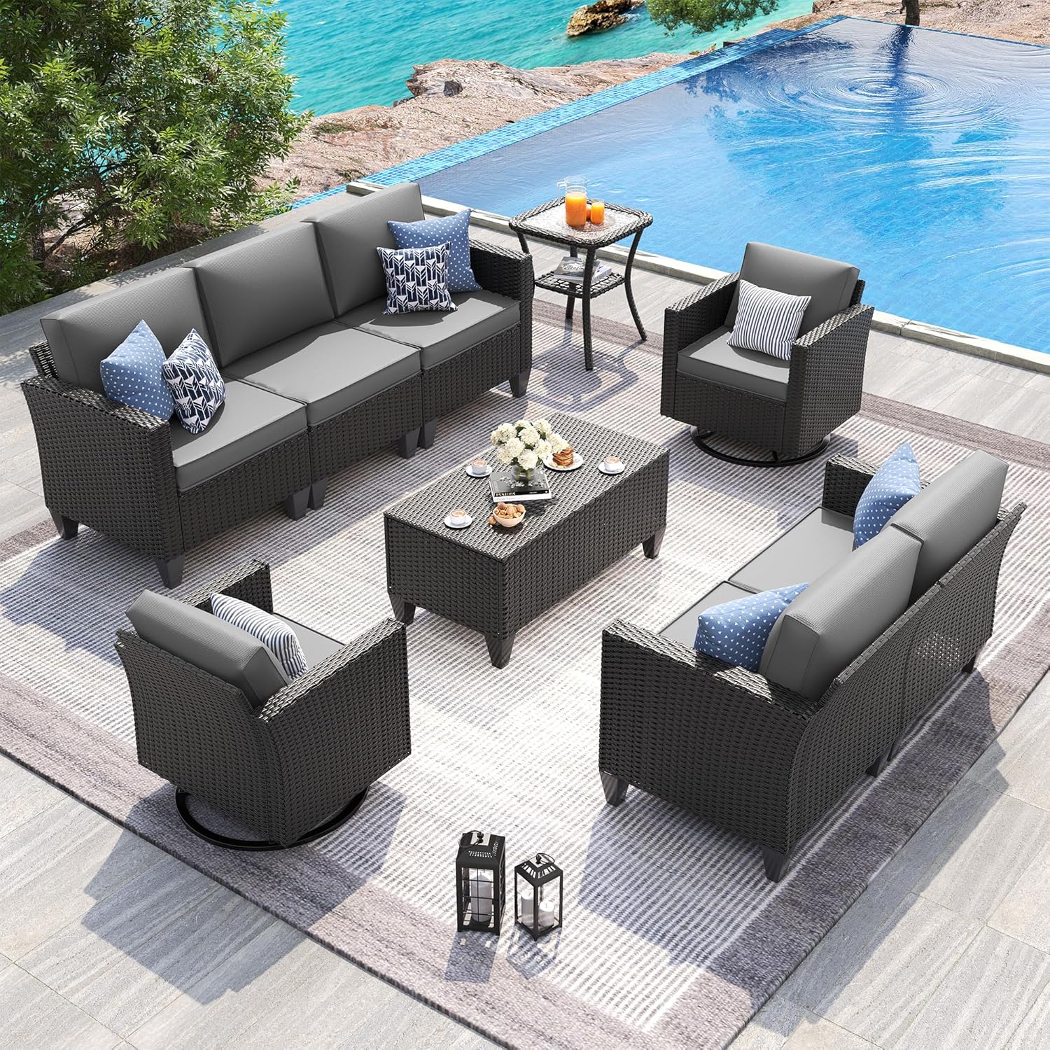UDPATIO Patio Furniture Set, 5 Pieces Outdoor Conversation Sets with Rocking Swivel Chairs, Wicker Rattan Outdoor Sofa Set with Storage Table and Waterproof Covers for Backyard, Deck, Porch, Khaki