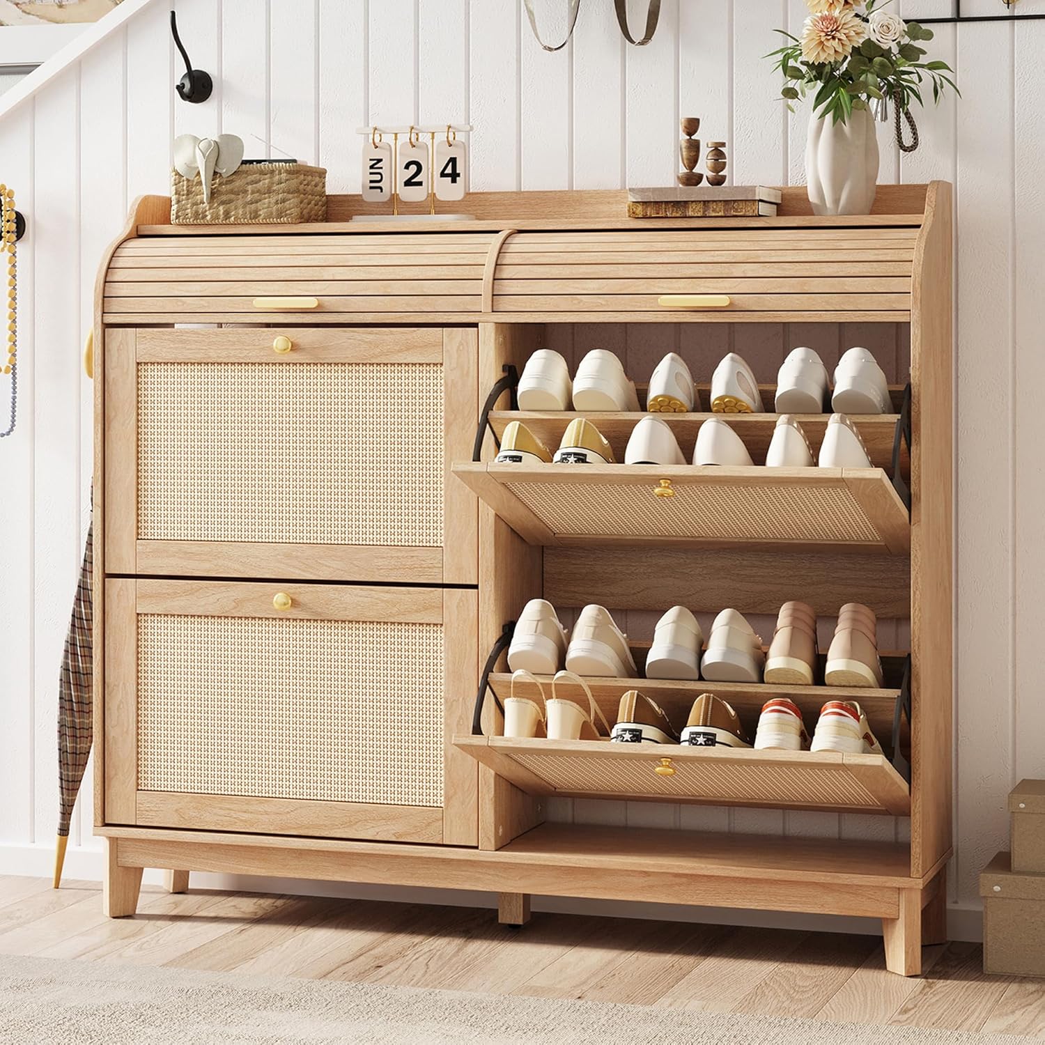 LINSY Shoe Storage Cabinet, Rattan Shoe Cabinet Wood Shoes Rack Cabinets with Sliding Tambour Door, Large Flip Drawer Shoe Cabinet Boho Hidden Shoe Storage for Entryway, Front Door, Hallway, Oak
