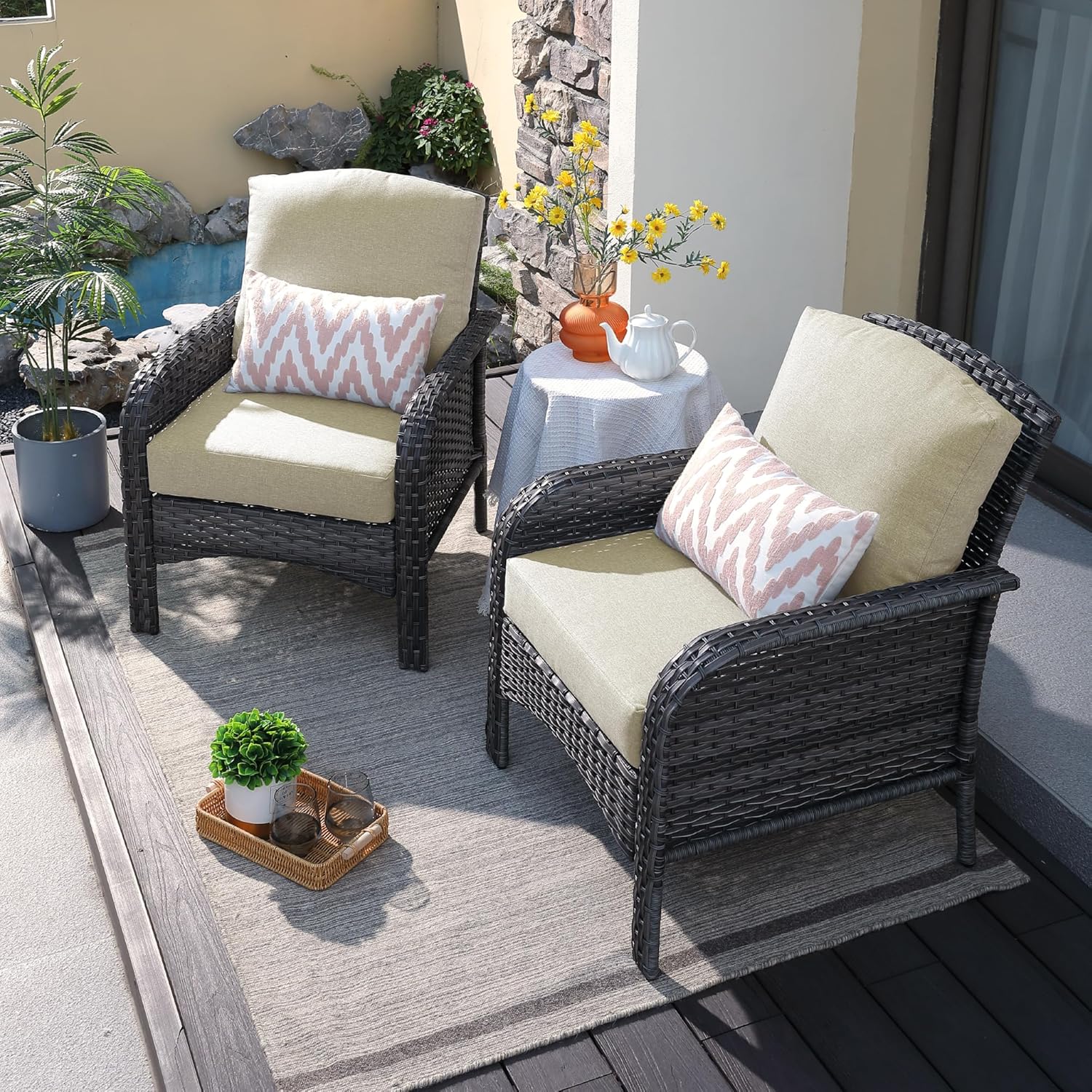 ovios 4 Pieces Patio Furniture Set, Outdoor Wicker Sofa with Coffee Table, Chairs, All Weather High Back Rattan Loveseat Couch with Comfy Cushions, Beige