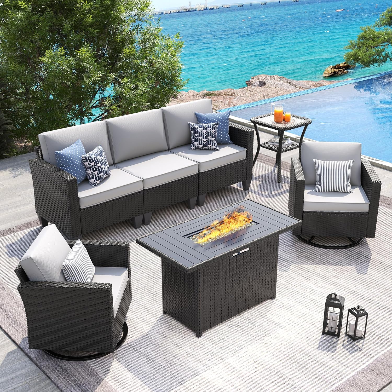 UDPATIO Patio Furniture Set, 5 Pieces Outdoor Conversation Sets with Rocking Swivel Chairs, Wicker Rattan Outdoor Sofa Set with Storage Table and Waterproof Covers for Backyard, Deck, Porch, Khaki