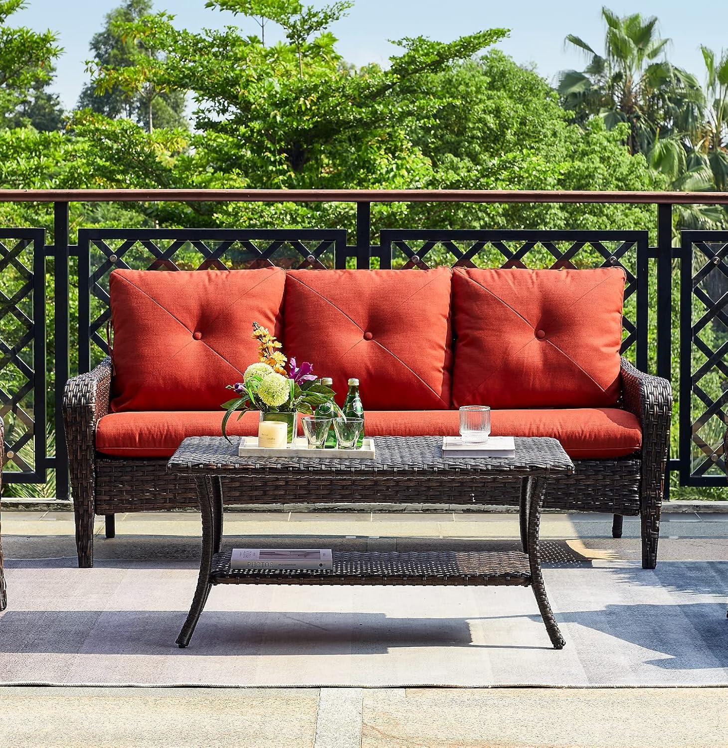 Rilyson Patio Tables Outdoor Coffee Table - Wicker Rattan Coffee Tables with 2-Tier Storage Shelf Side Table for Porch Deck Balcony Garden Outside Rectangle Brown