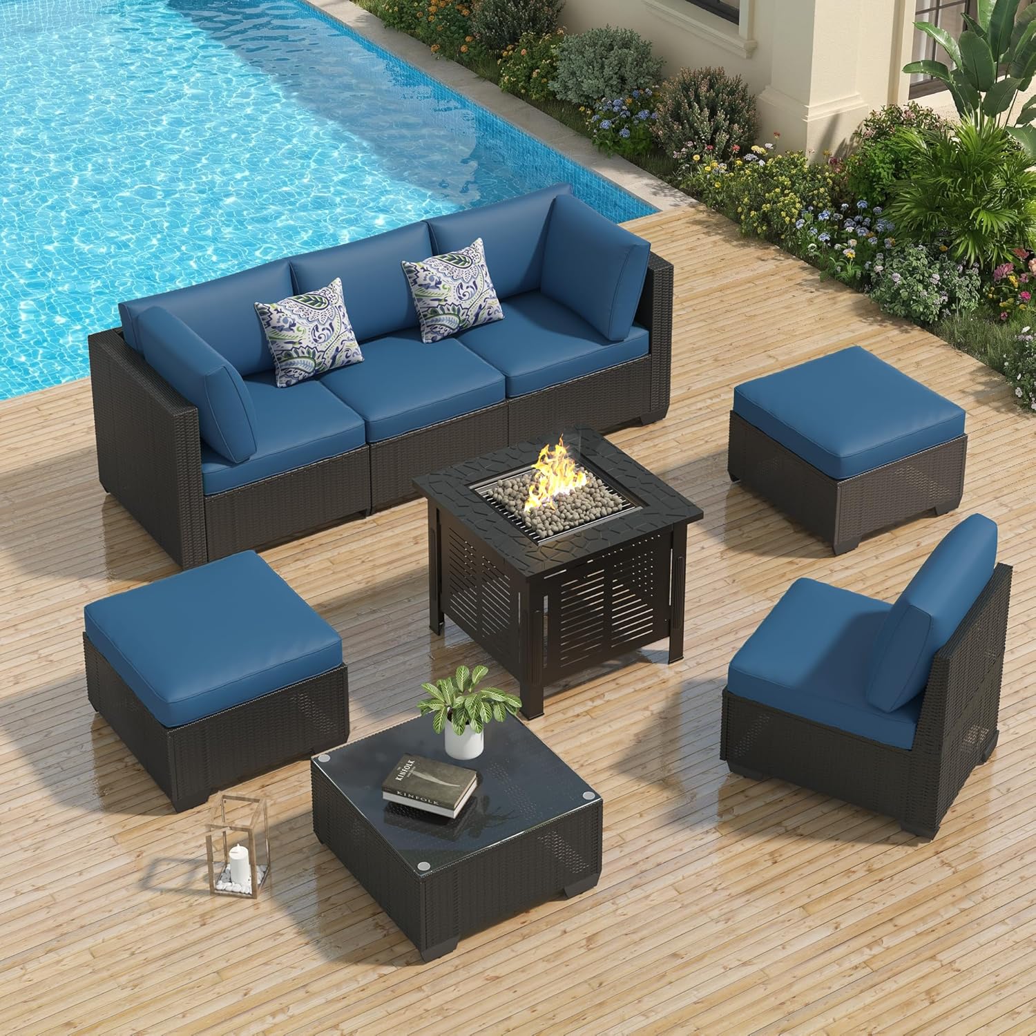 U-MAX 7 Piece Outdoor Patio Furniture Set, PE Rattan Wicker Sofa Set, Outdoor Sectional Furniture Chair Set with Navy Cushions and Tea Table, Black Rattan