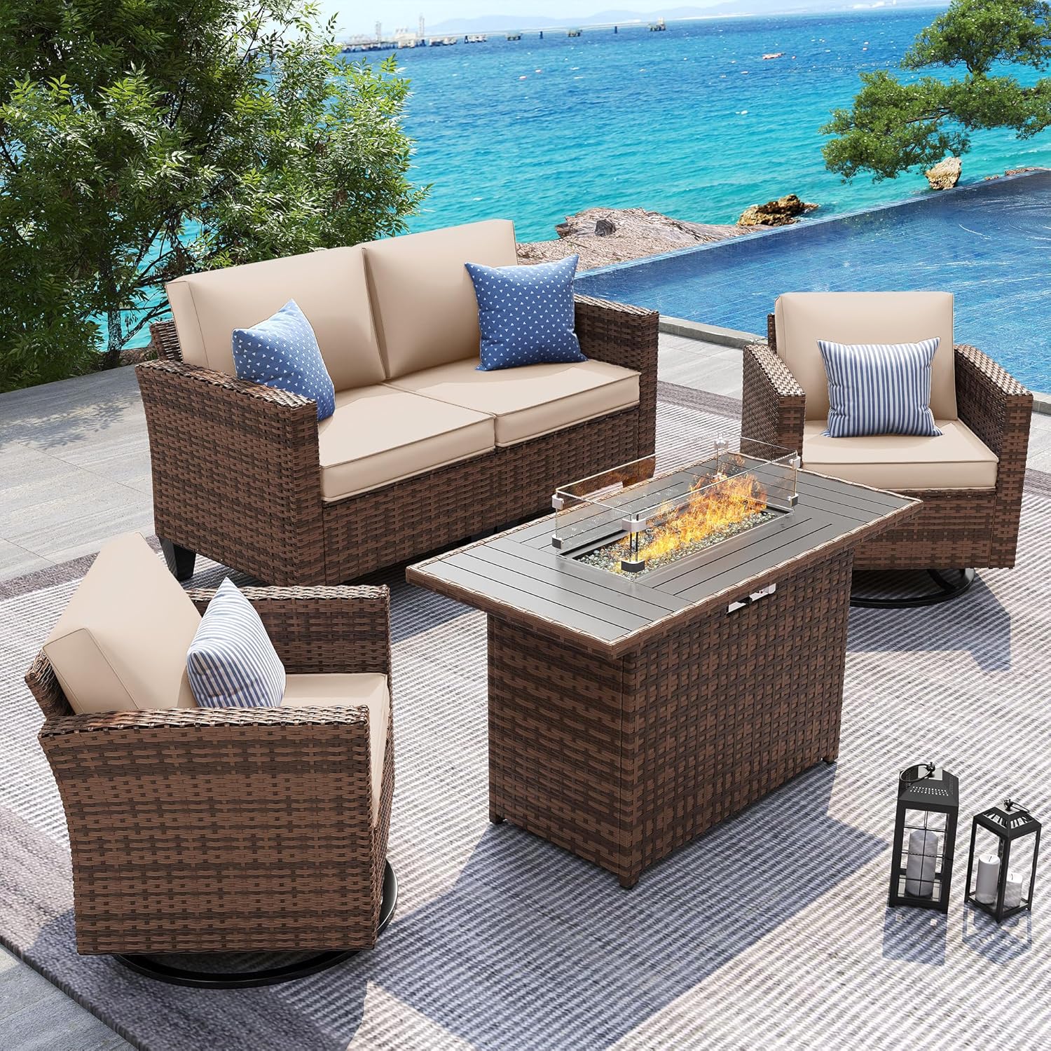 UDPATIO Patio Furniture Set, 5 Pieces Outdoor Conversation Sets with Rocking Swivel Chairs, Wicker Rattan Outdoor Sofa Set with Storage Table and Waterproof Covers for Backyard, Deck, Porch, Khaki