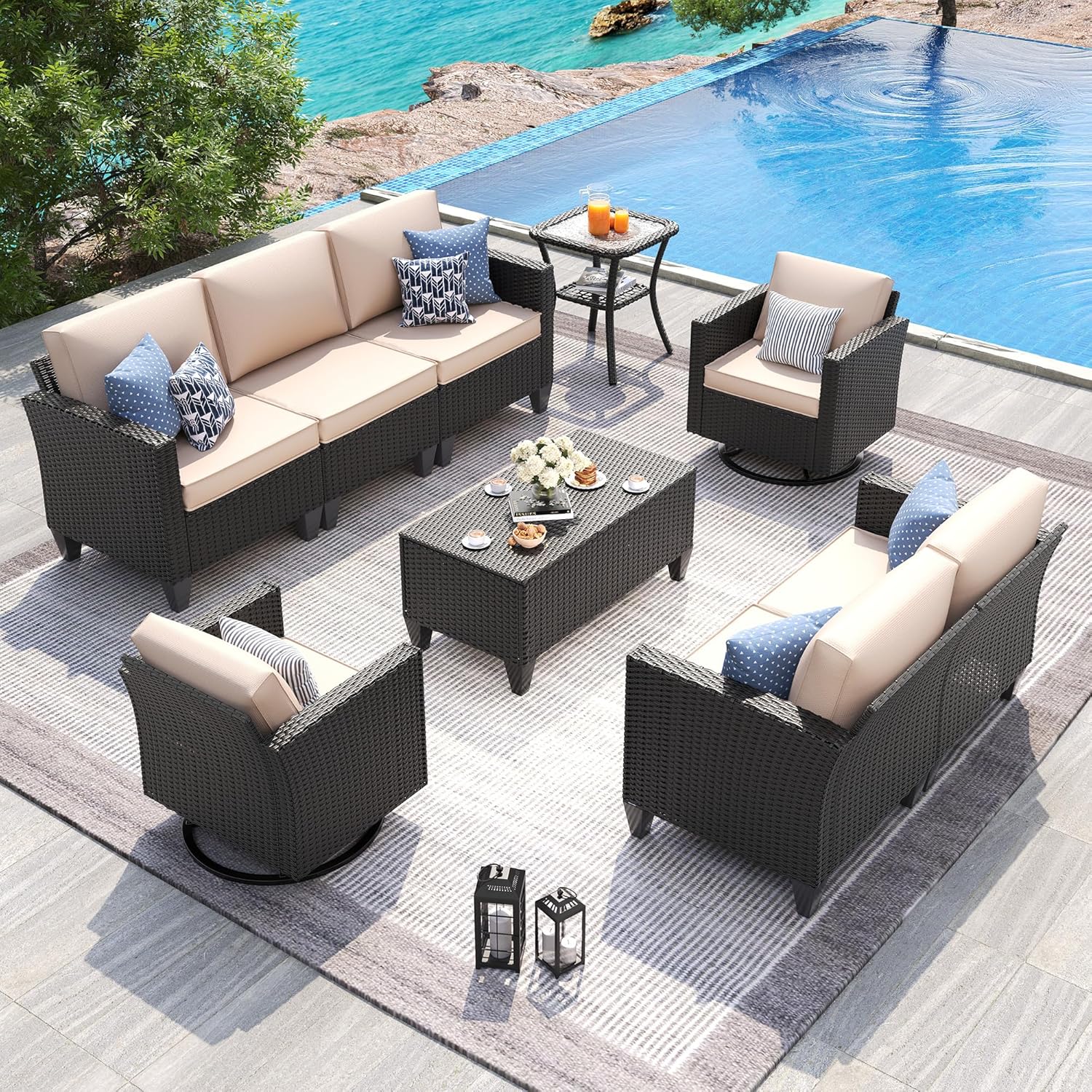 UDPATIO Patio Furniture Set, 5 Pieces Outdoor Conversation Sets with Rocking Swivel Chairs, Wicker Rattan Outdoor Sofa Set with Storage Table and Waterproof Covers for Backyard, Deck, Porch, Khaki