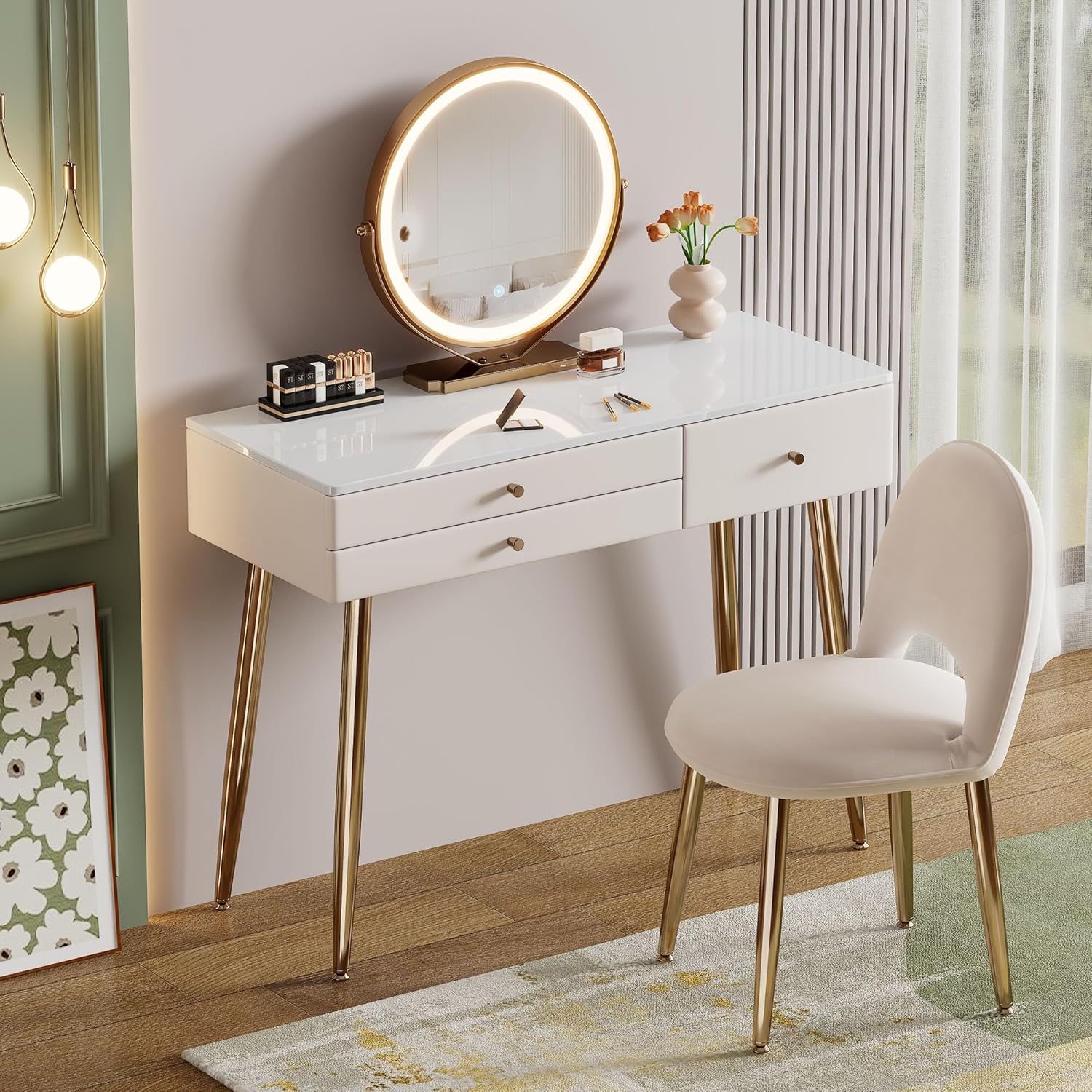 Vanity Desk with Mirror and Lights| 39" Beige Modern Makeup Vanity Set with Drawers & Adjustable Chair| White and Gold Dressing Table for Small Spaces & Bedroom