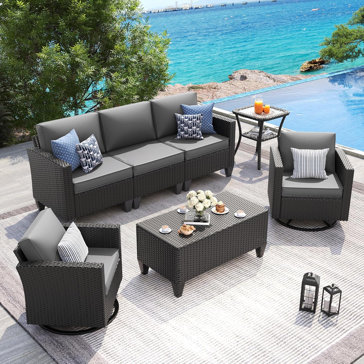 UDPATIO Patio Furniture Set, 5 Pieces Outdoor Conversation Sets with Rocking Swivel Chairs, Wicker Rattan Outdoor Sofa Set with Storage Table and Waterproof Covers for Backyard, Deck, Porch, Khaki