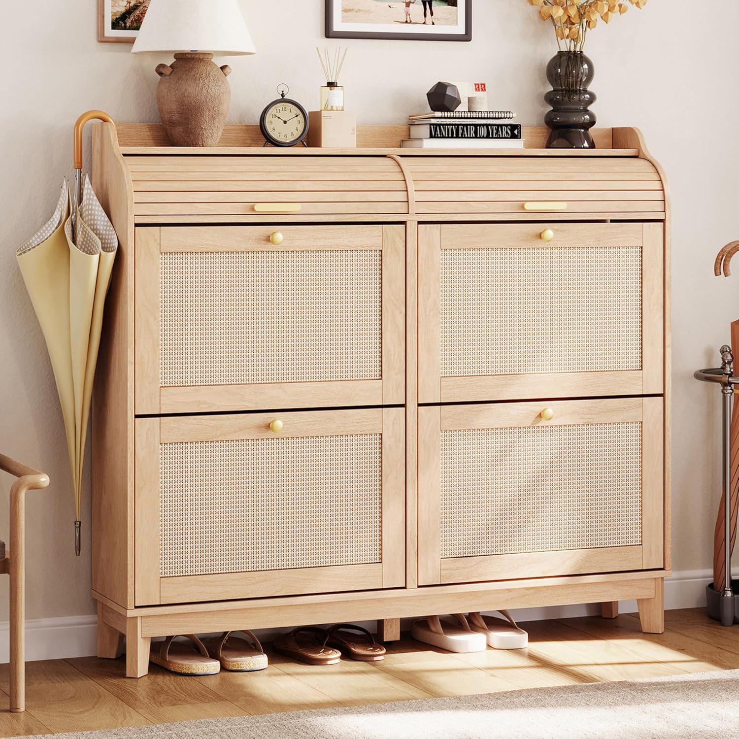 LINSY Shoe Storage Cabinet, Rattan Shoe Cabinet Wood Shoes Rack Cabinets with Sliding Tambour Door, Large Flip Drawer Shoe Cabinet Boho Hidden Shoe Storage for Entryway, Front Door, Hallway, Oak