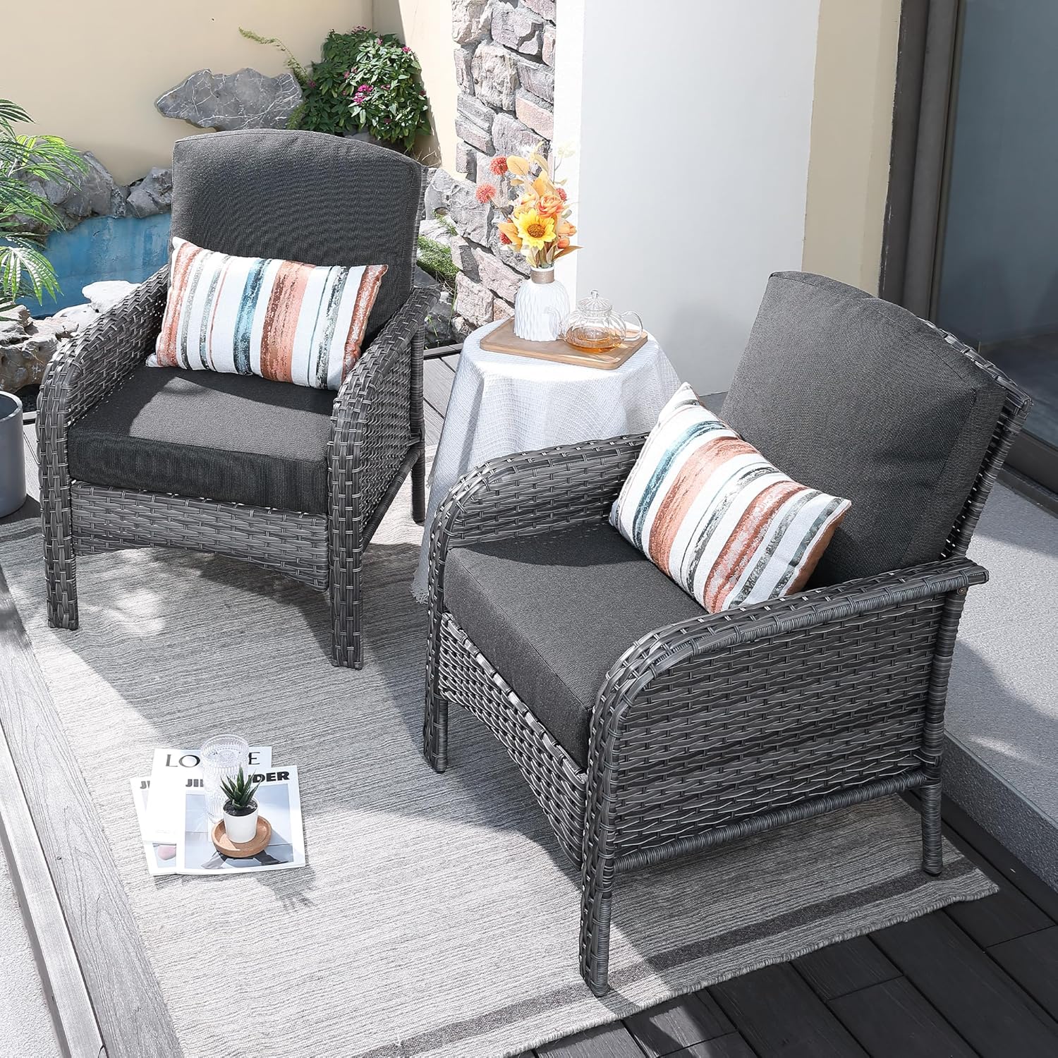 ovios 4 Pieces Patio Furniture Set, Outdoor Wicker Sofa with Coffee Table, Chairs, All Weather High Back Rattan Loveseat Couch with Comfy Cushions, Beige