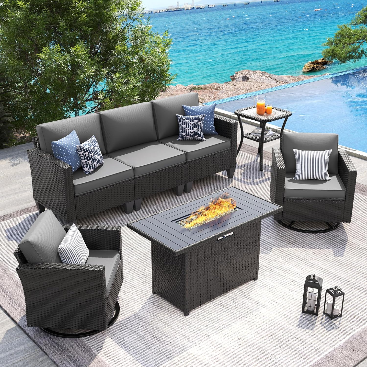 UDPATIO Patio Furniture Set, 5 Pieces Outdoor Conversation Sets with Rocking Swivel Chairs, Wicker Rattan Outdoor Sofa Set with Storage Table and Waterproof Covers for Backyard, Deck, Porch, Khaki
