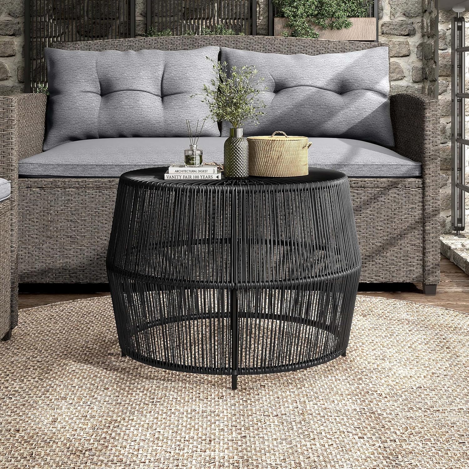 Furniture of America Ysar Boho Rattan Round Coffee Table Outdoor with Metal Frame, All-Weather and Rust Resistant, Handcrafted Coastal Furniture for Patio, Poolside, Garden, Yard, Black