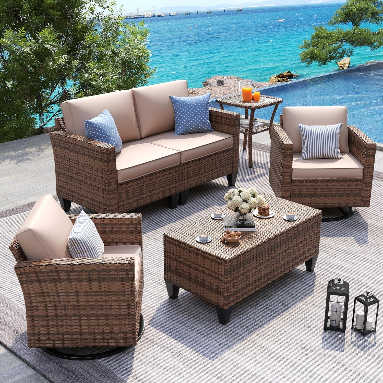 UDPATIO Patio Furniture Set, 5 Pieces Outdoor Conversation Sets with Rocking Swivel Chairs, Wicker Rattan Outdoor Sofa Set with Storage Table and Waterproof Covers for Backyard, Deck, Porch, Khaki