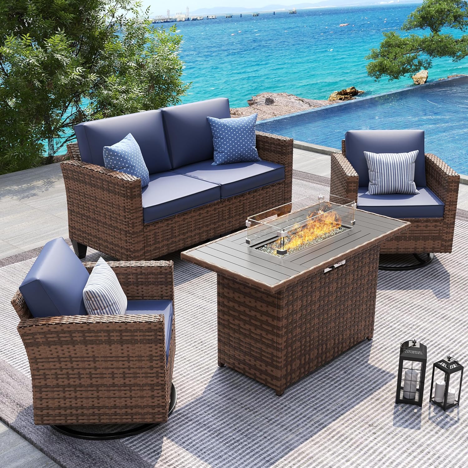 UDPATIO Patio Furniture Set, 5 Pieces Outdoor Conversation Sets with Rocking Swivel Chairs, Wicker Rattan Outdoor Sofa Set with Storage Table and Waterproof Covers for Backyard, Deck, Porch, Khaki