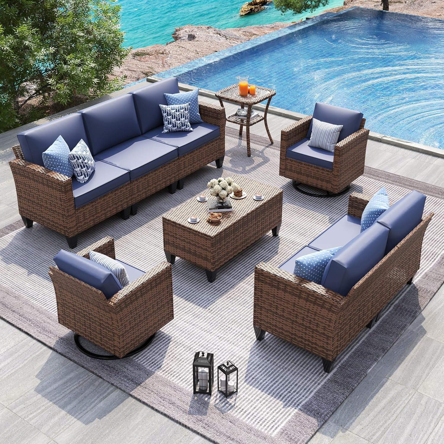 UDPATIO Patio Furniture Set, 5 Pieces Outdoor Conversation Sets with Rocking Swivel Chairs, Wicker Rattan Outdoor Sofa Set with Storage Table and Waterproof Covers for Backyard, Deck, Porch, Khaki