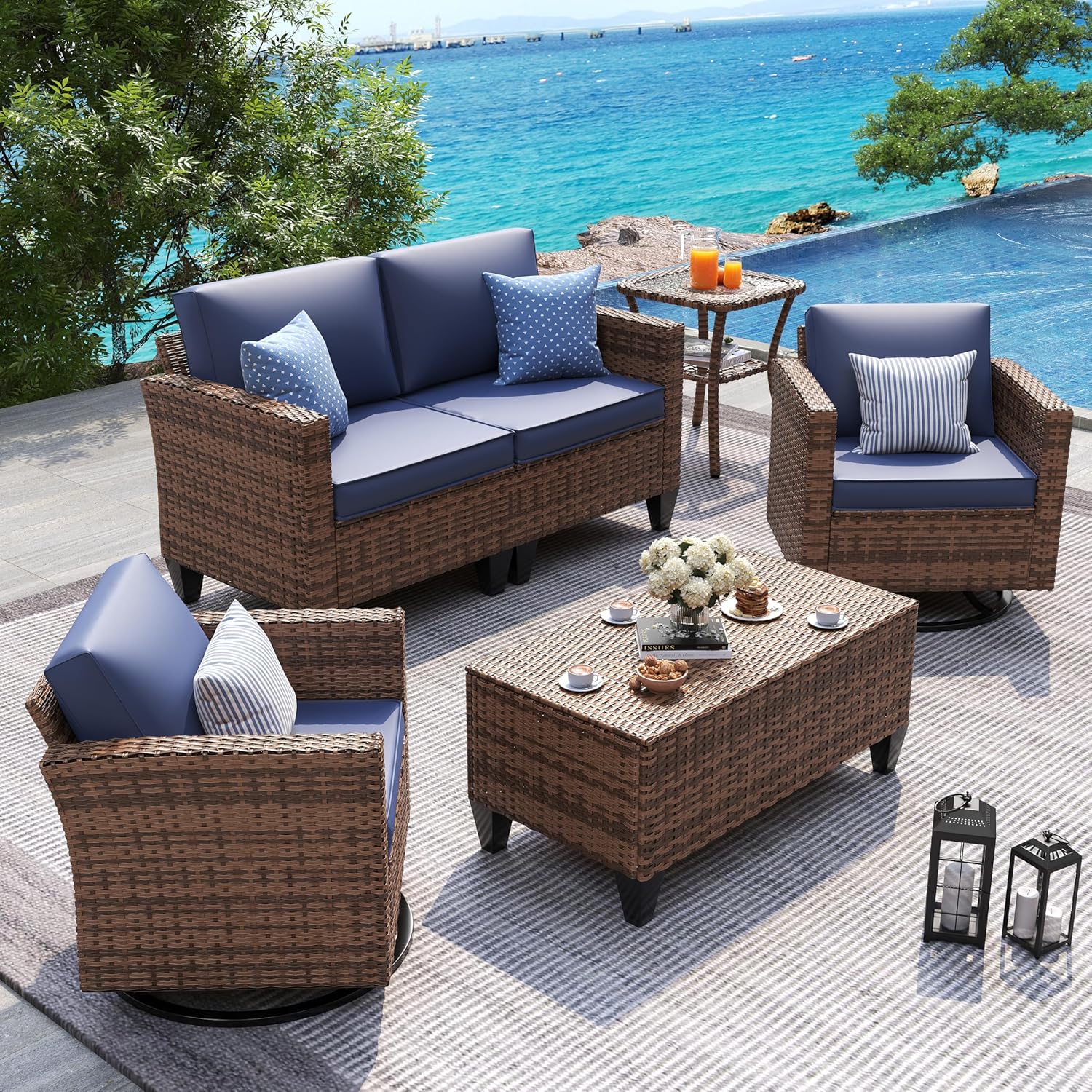 UDPATIO Patio Furniture Set, 5 Pieces Outdoor Conversation Sets with Rocking Swivel Chairs, Wicker Rattan Outdoor Sofa Set with Storage Table and Waterproof Covers for Backyard, Deck, Porch, Khaki