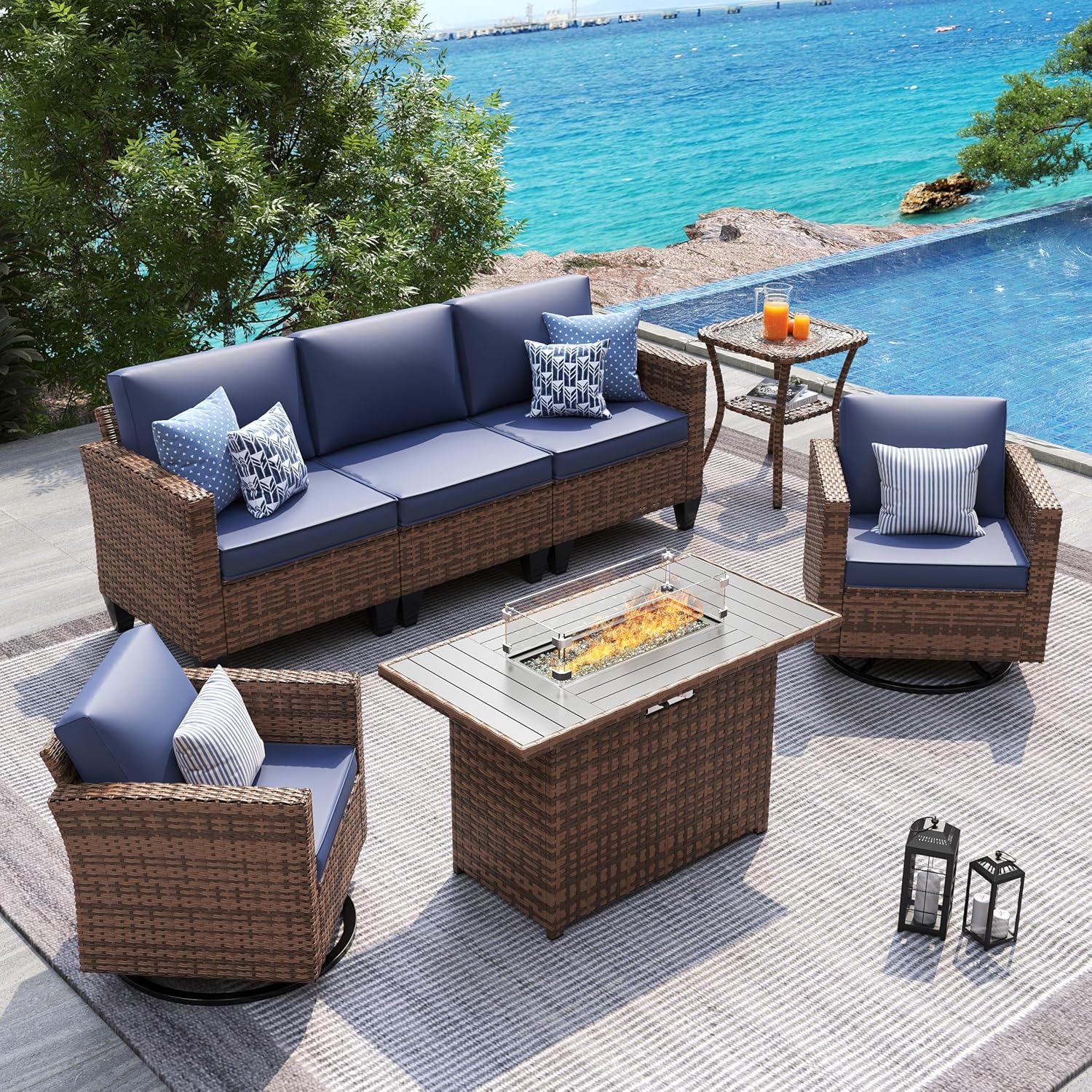 UDPATIO Patio Furniture Set, 5 Pieces Outdoor Conversation Sets with Rocking Swivel Chairs, Wicker Rattan Outdoor Sofa Set with Storage Table and Waterproof Covers for Backyard, Deck, Porch, Khaki